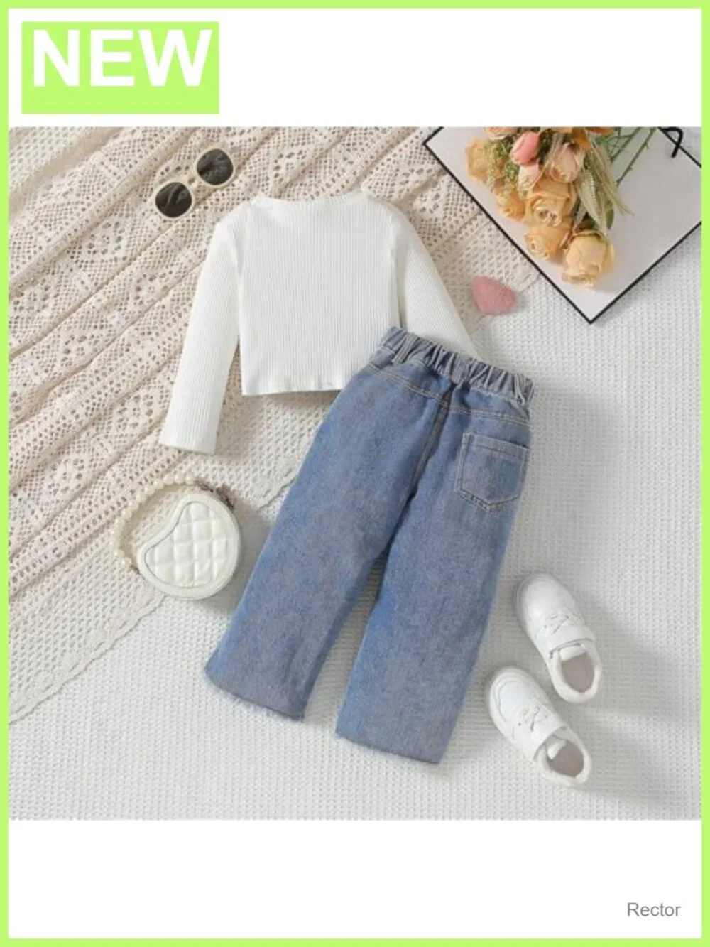 Toddler Girls Ribbed Long Sleeve Top Heart Jeans Outfit Set Cotton